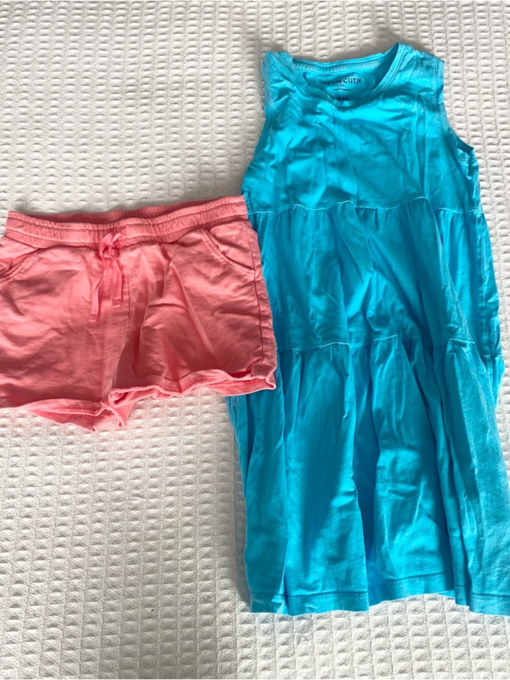 Girls size 10 Crewcuts blue dress and Carter’s coral shorts